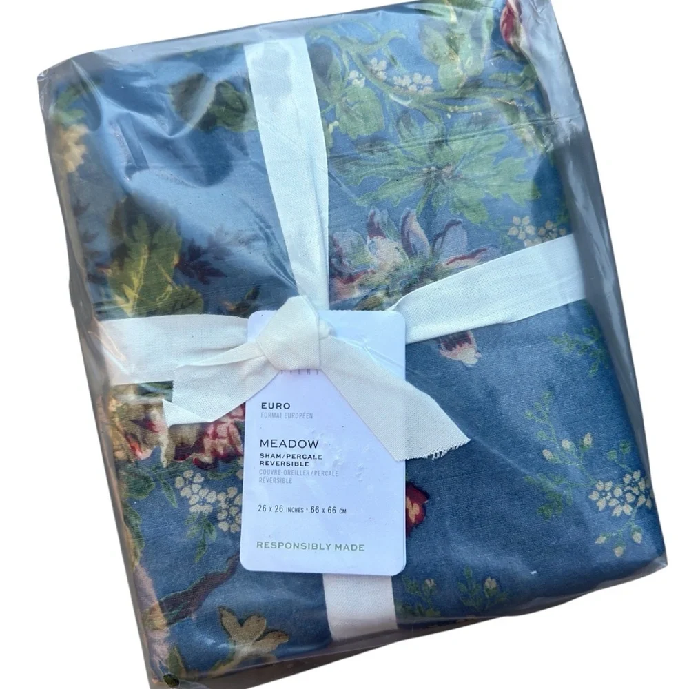 NWT POTTERY BARN EUROPEAN SQUARE MEADOW REVERSIBLE COTTON QUILTED FLORAL SHAM